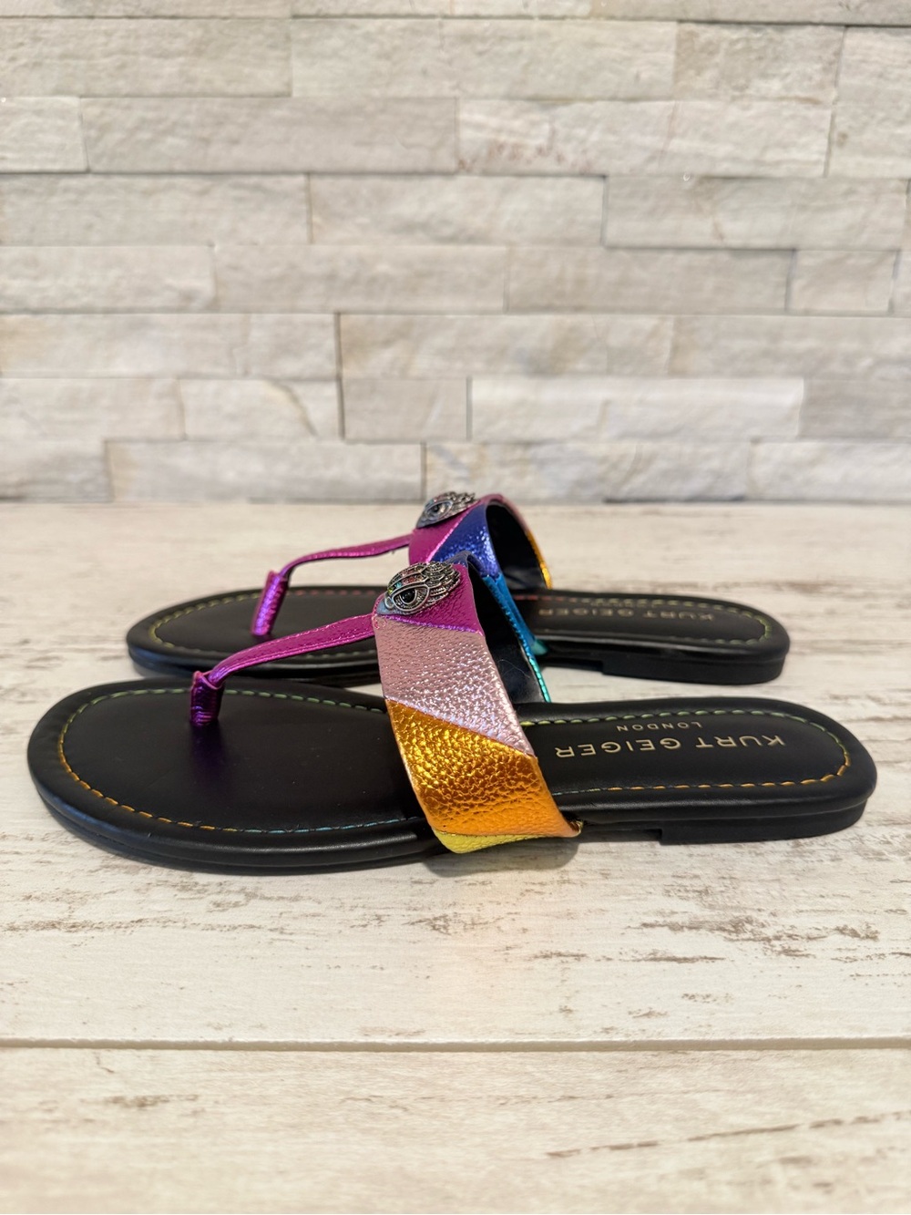Kurt Geiger Kensington T-Bar Metallic Leather Slip On Sandals Sz 38.5 EU 8 NEW - Picture 5 of 15